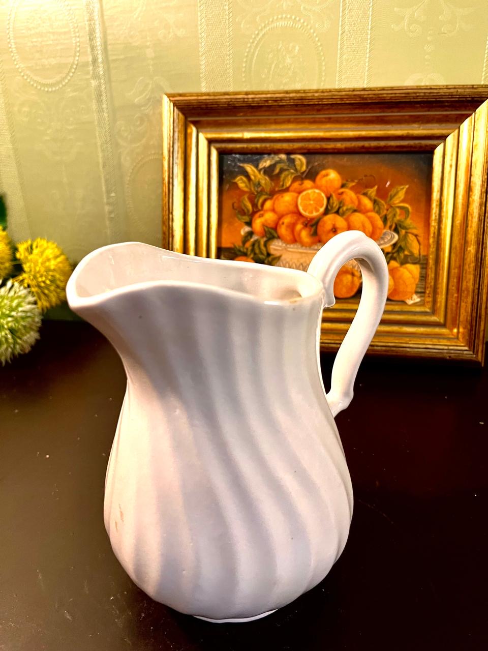 Vintage White Ceramic Water Jug 16 cm Fluted Pitcher