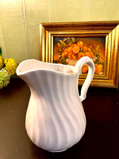 Vintage White Ceramic Water Jug 16 cm Fluted Pitcher