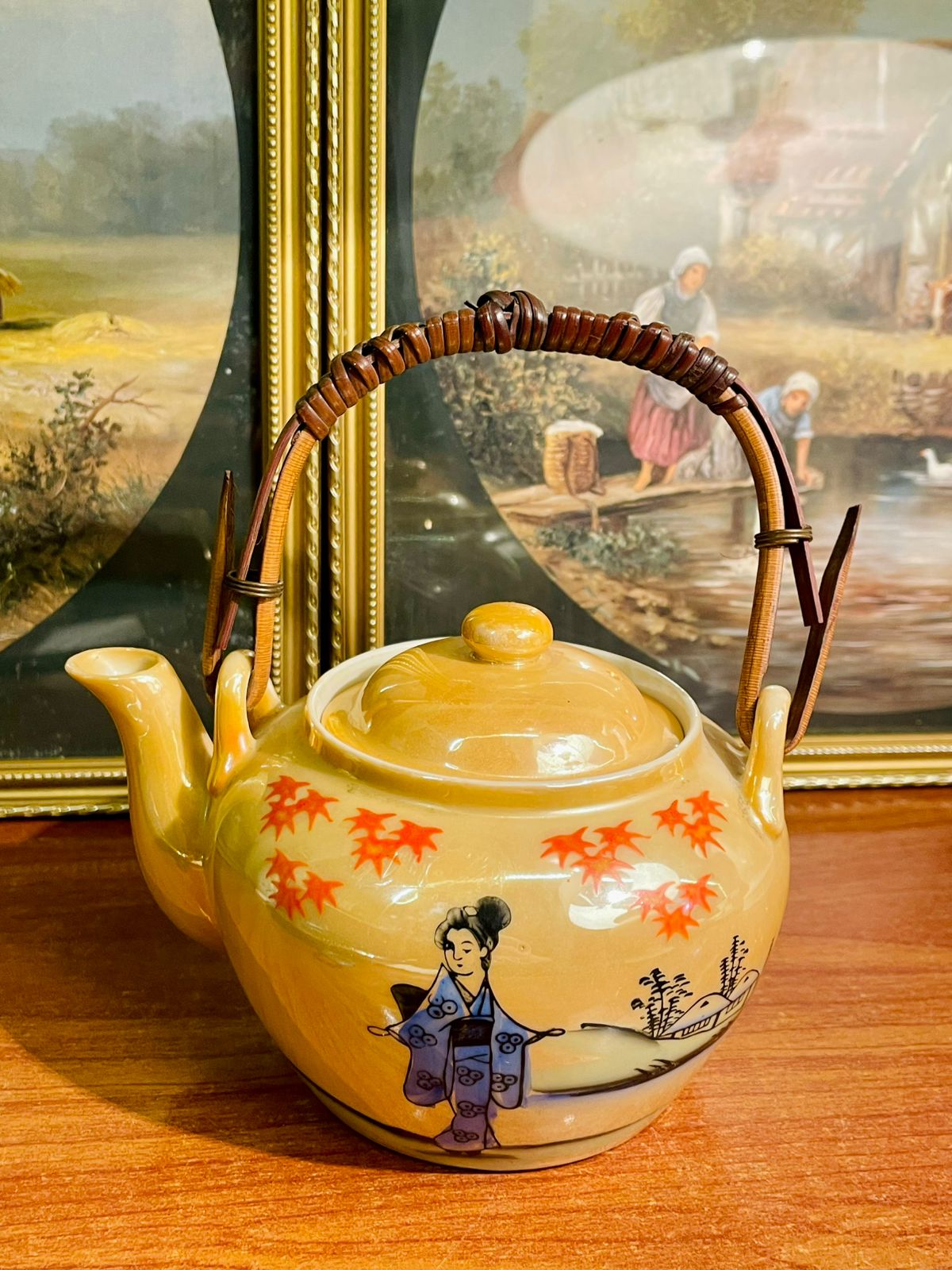 vintage teapot, japanese teapot, bamboo handle teapot, geisha art, japanese decor, ceramic teapot, collectible teapot, asian home decor, tea lover gift, kawaii kitchen, pottery art, maple leaf design, rustic serveware, cottagecore kitchen, Sunset Kitchen