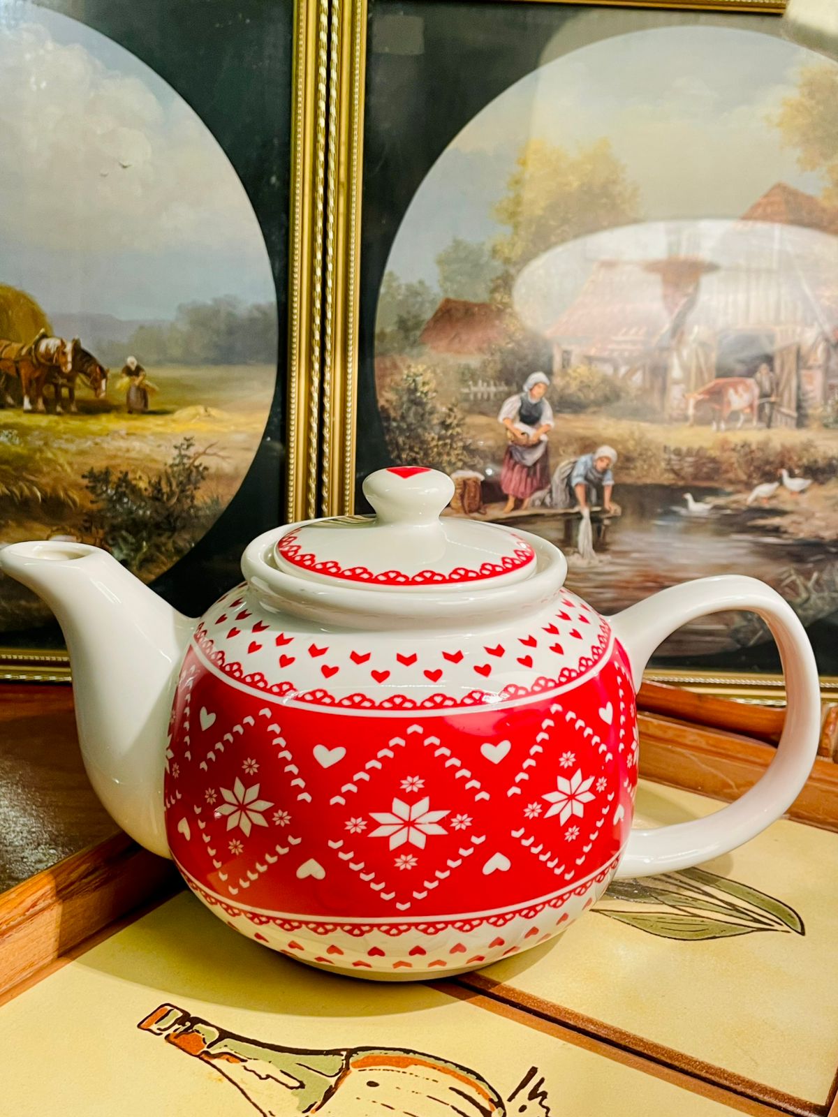 red teapot, heart pattern teapot, valentine’s gift, winter decor, ceramic teapot, festive teapot, red and white teapot, tea party decor, kitchen decor, gift for mum, holiday serveware, cozy home style, cottagecore tea set, love themed decor