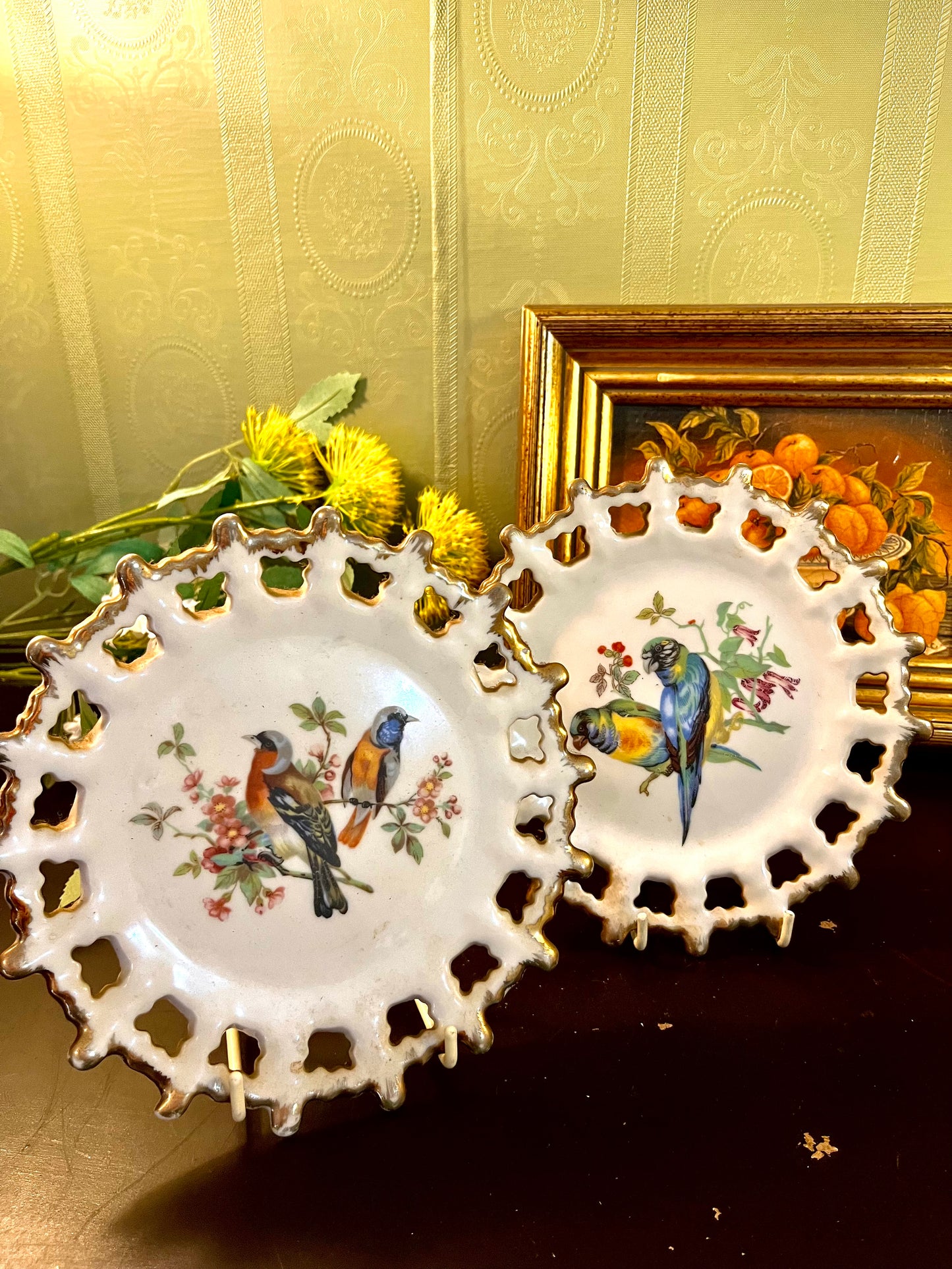 Set of 2 Cutwork Reticulated Bird Porcelain Cabinet Plates 16cm