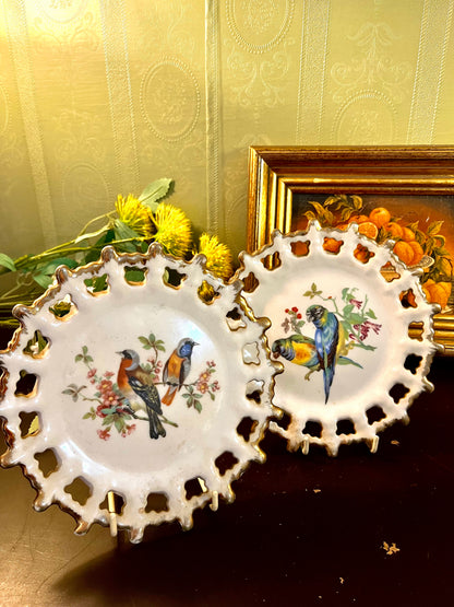 Set of 2 Cutwork Reticulated Bird Porcelain Cabinet Plates 16cm