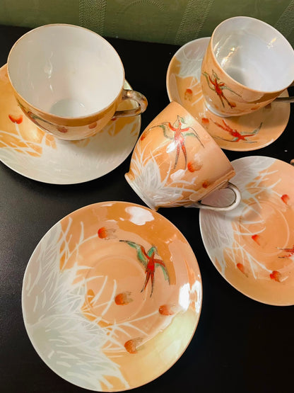 Set of 4 Vintage Bird Tea Cup & Saucer Set Floral China