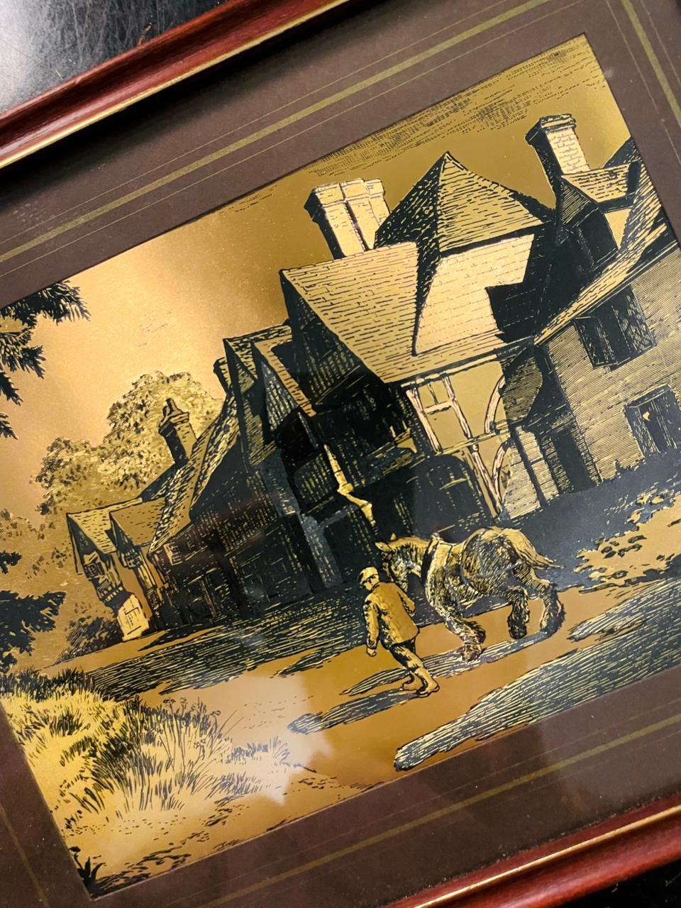 Set of 2 Vintage Framed Village Scene 3D illustration Art