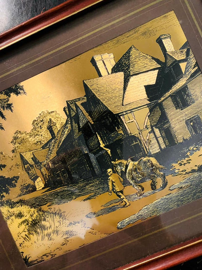 Set of 2 Vintage Framed Village Scene 3D illustration Art