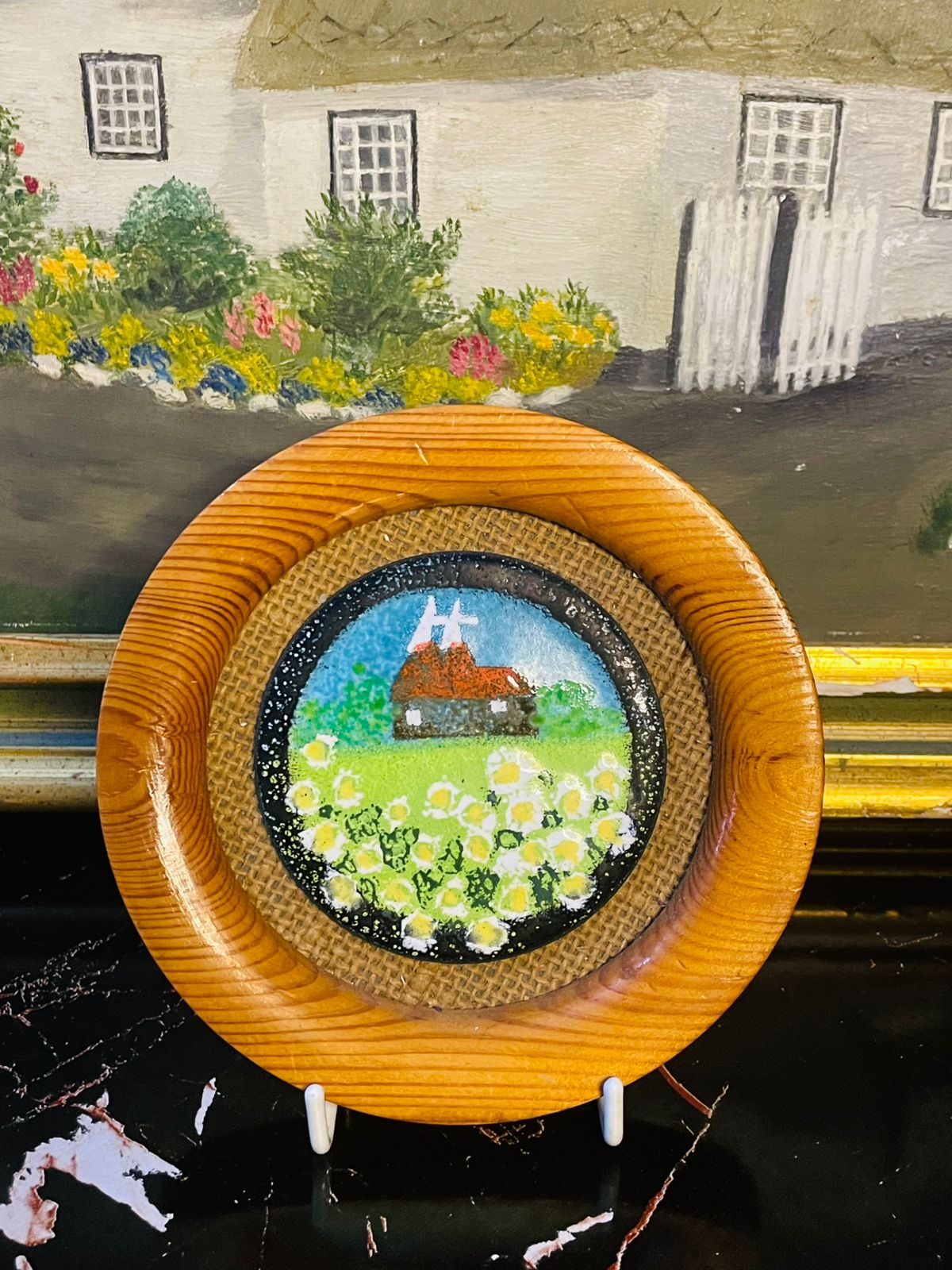 Set of 2 Vintage Wooden Wall Plates – Cottage & Windmill Scenic Ceramic Inserts