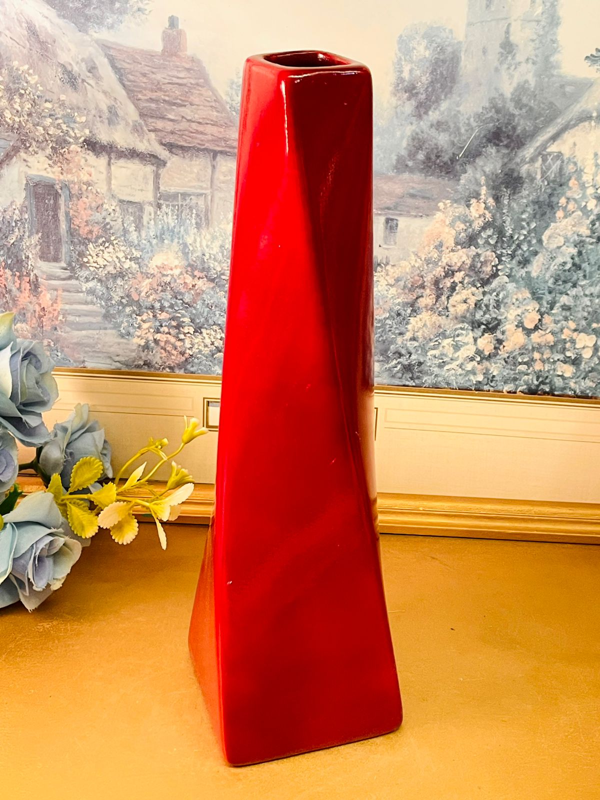 Red Ceramic Vase Modern Geometric Statement Decor