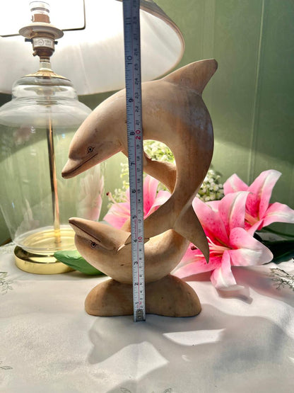 Vintage Carved Wooden Dolphin Sculpture – Pair on Base 24 cm