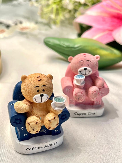 Vintage Caffeine Addict Teddy Bear Figurine with Cup 6 cm