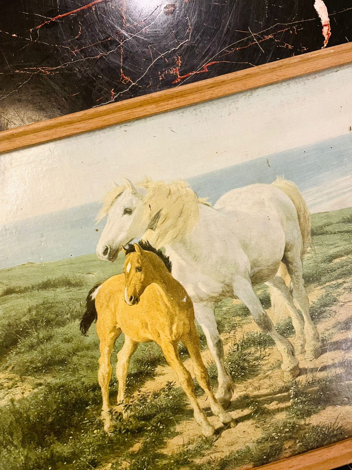 Framed Horse Painting Mother and Foal Countryside Scene 11 inch