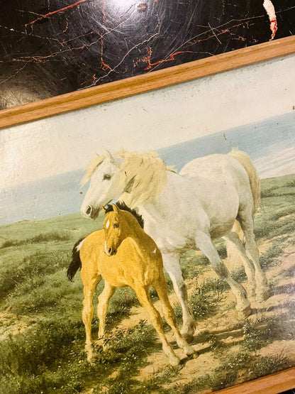 Framed Horse Painting Mother and Foal Countryside Scene 11 inch