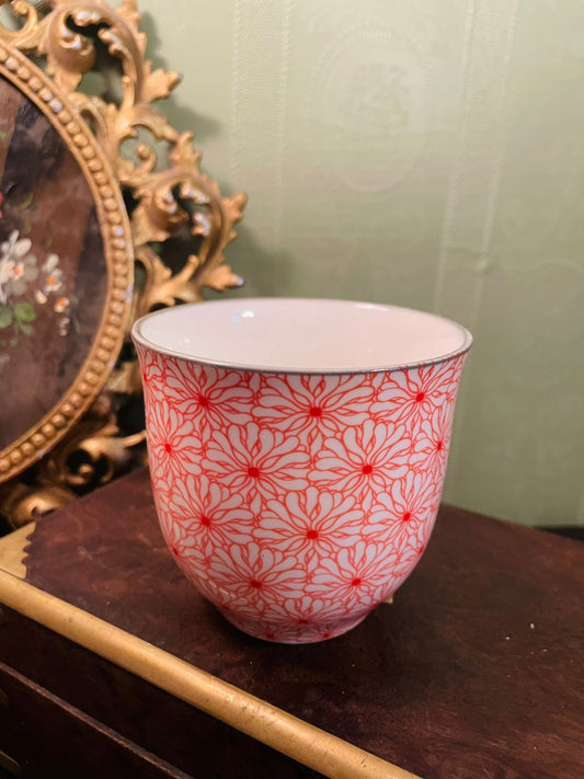 Vintage Floral Ceramic Planter Pot Red & White Decorative Planter