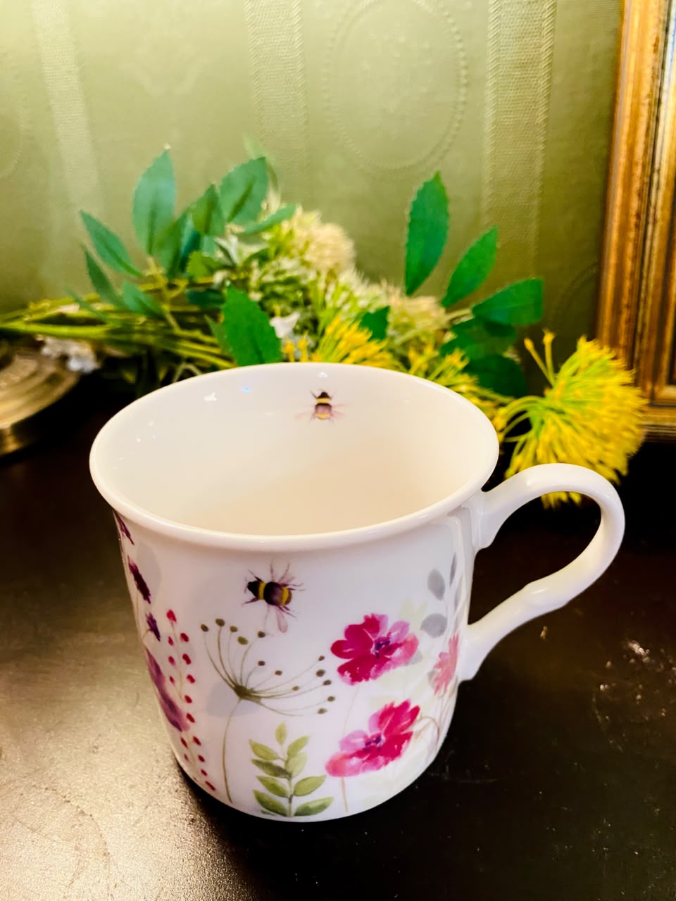 Pink Wildflower & Bumblebee Ceramic Mug 4 Inch