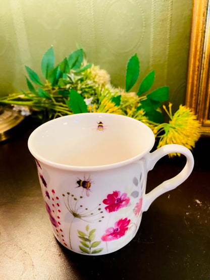 Pink Wildflower & Bumblebee Ceramic Mug 4 Inch