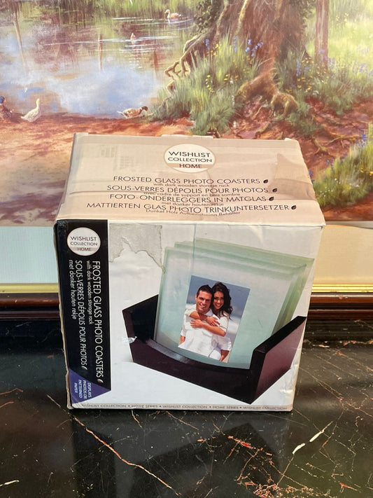 frosted glass coasters, photo coasters set, glass coasters with photo insert, Wishlist Collection coasters, personalized drink coasters, wooden holder coaster set, custom photo glass coasters, gift idea for home décor, coaster set with stand, wedding gift glass coasters, home table protection coasters