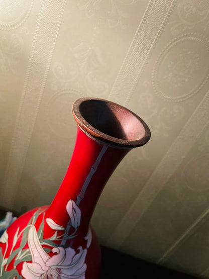 Vintage Red Cloisonné Vase with White Lily Design