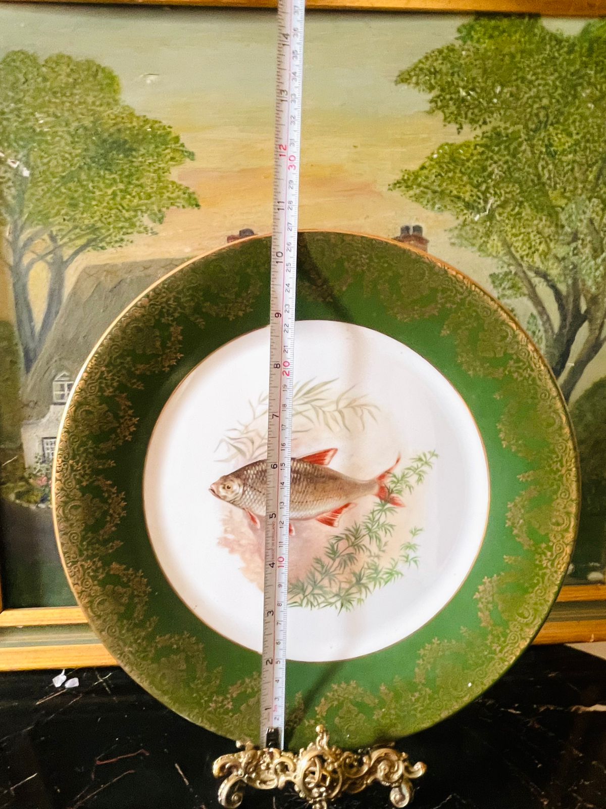 Vintage Hand-Painted Fish Plate – Large decor Plate – Green & Gold Ornate Border Fine Bone China, England