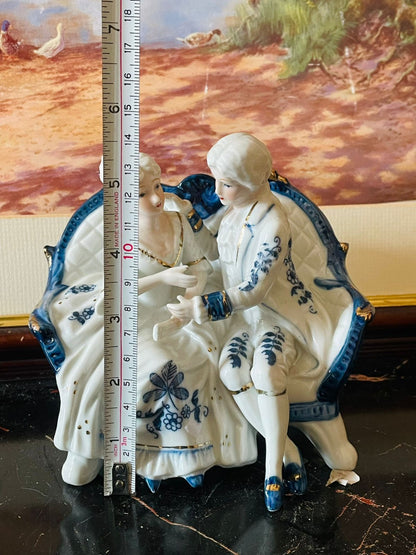 Victorian Couple Figurine – Blue & White with Gold Detailing (England) Blue Pottery Home Decor