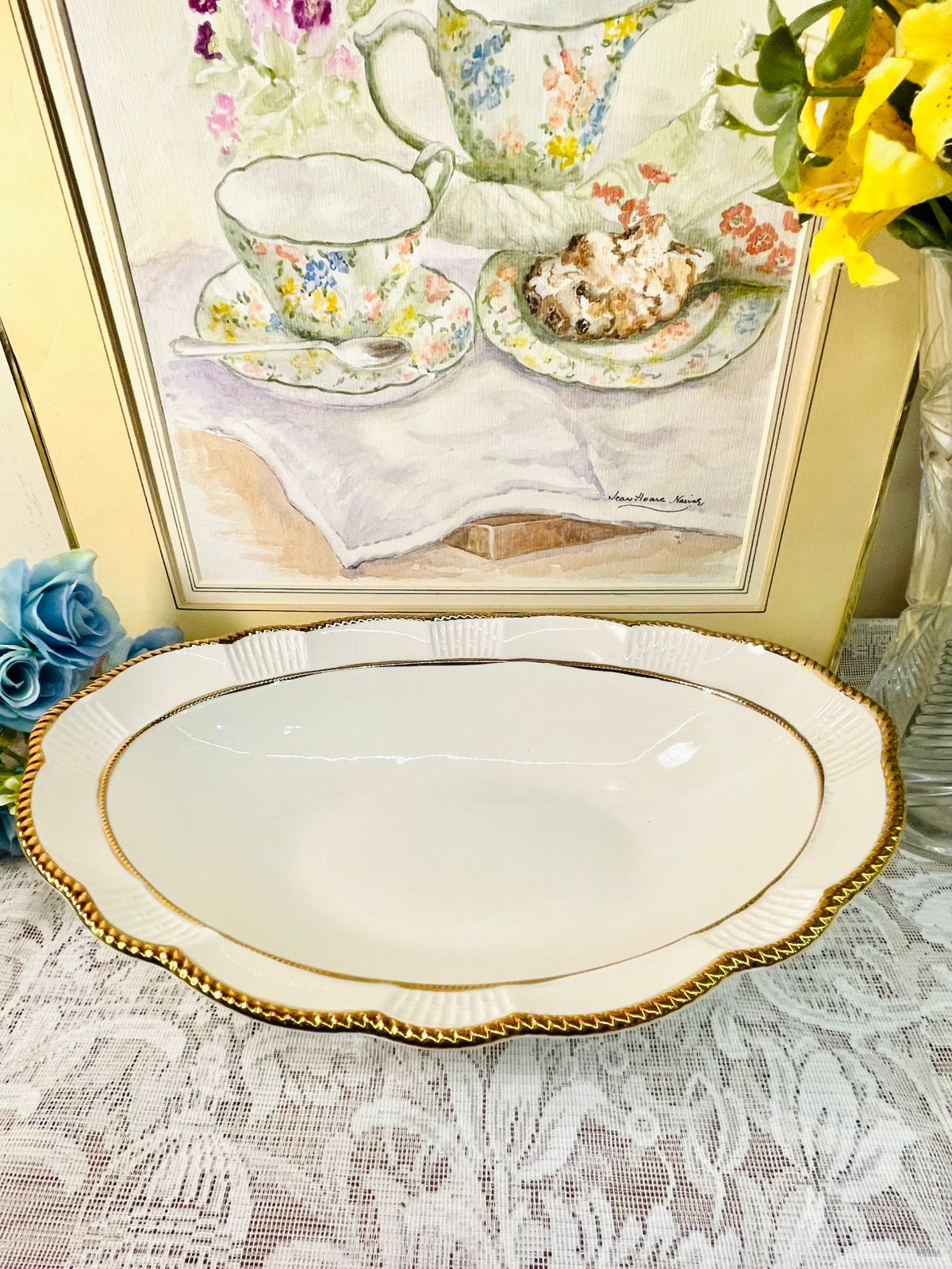 Vintage White Porcelain Serving Bowl with Gold Trim