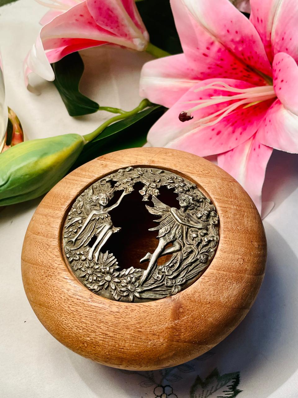 Wooden Potpourri Bowl with Ornate Metal Fairy Lid 12 cm