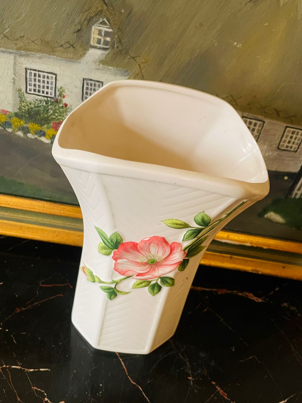 Vintage English Porcelain Hexagonal Vase – Pink Rose Floral, 8 Inch