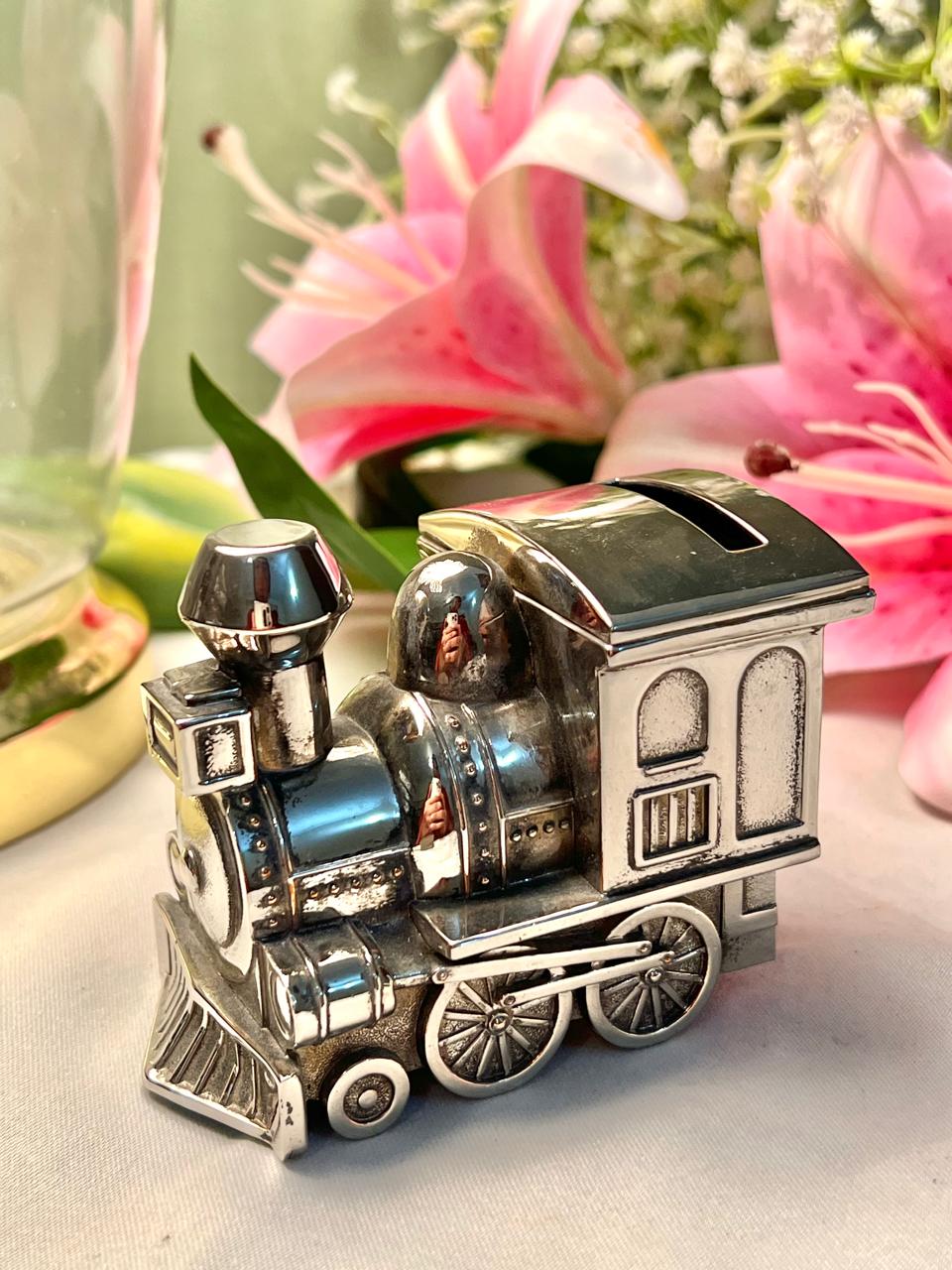 Vintage Silver-Tone Train Coin Bank Miniature Approx. 8cm