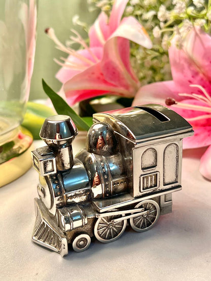 Vintage Silver-Tone Train Coin Bank Miniature Approx. 8cm