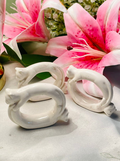 Vintage White Ceramic Cat Napkin Rings Set of 3 Approx. 7 cm Wide