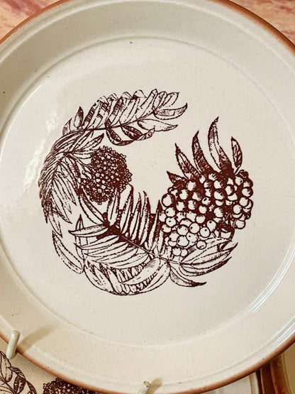 Set of 8 , Vintage Rustic Ceramic Dinner & Side Plates Set – Fruit & Leaf Pattern (England)