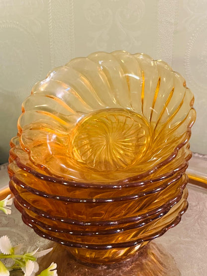 Vintage Amber Crystal Dessert Bowls Set of 6 – 13 cm Swirl Design