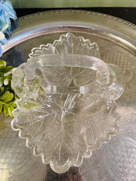 Vintage Pressed Crystal Leaf Basket 20 cm Decorative Dish