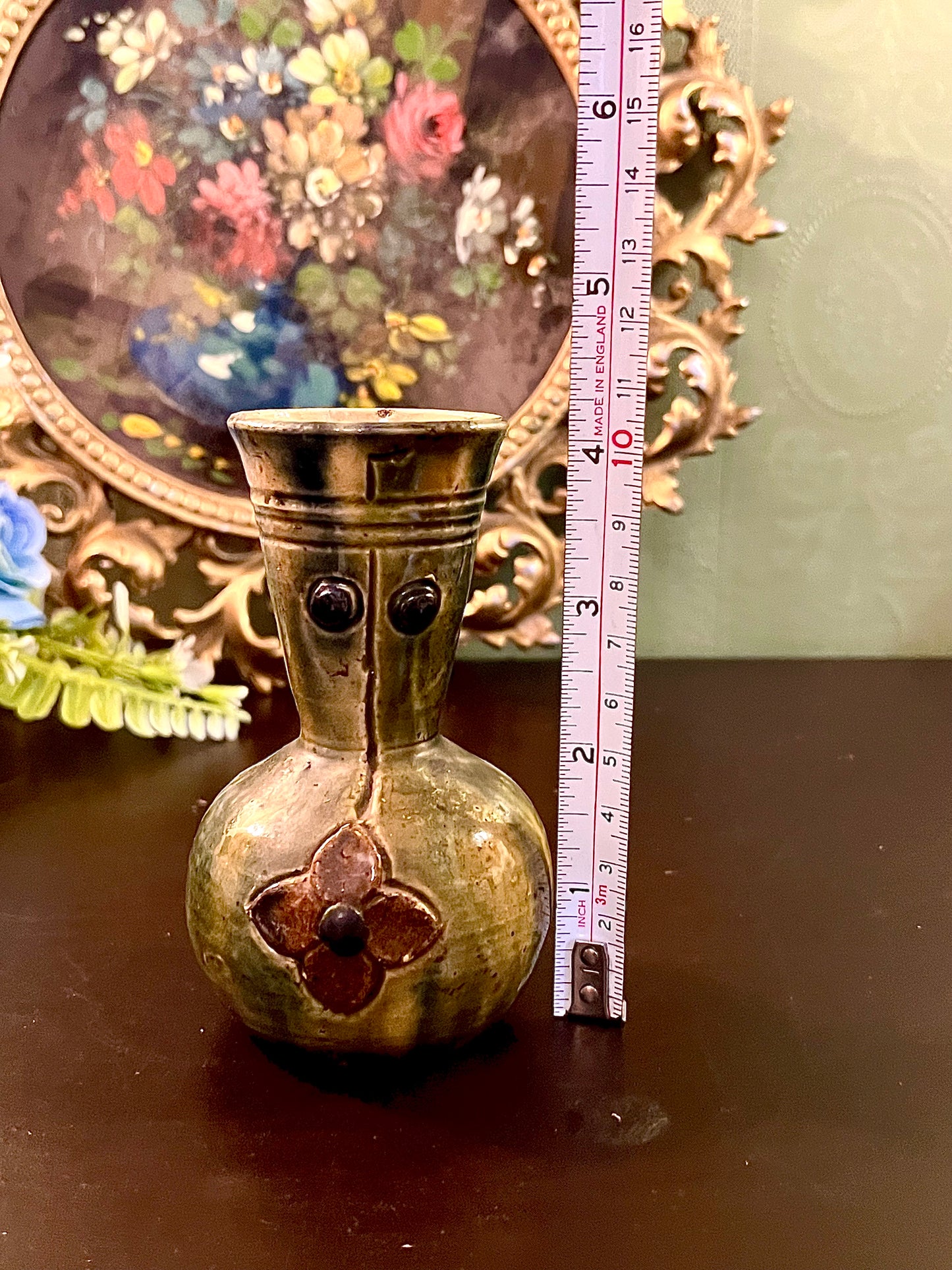 Rustic Green Ceramic Bud Vase with Raised Flower Detail 5 Inch