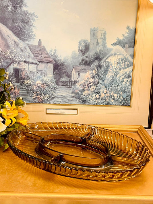 Vintage Amber Glass Divided Serving Dish 12"