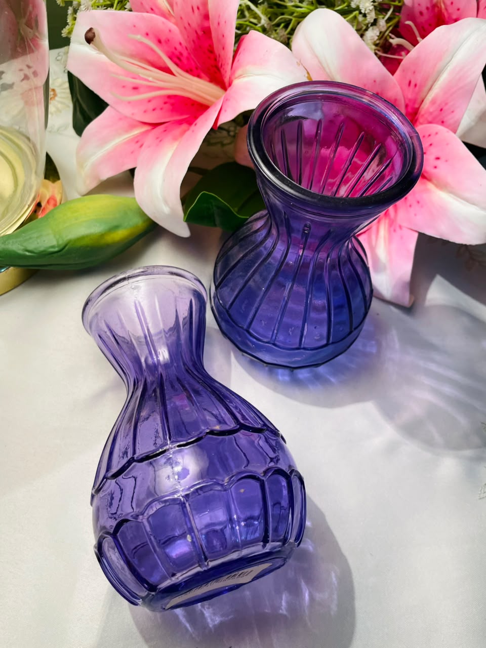 Purple Ribbed Crystal Vases 2-Piece Set Approx. 14 cm