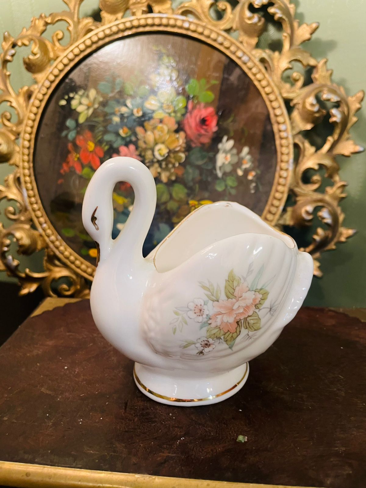 Vintage Porcelain Swan Vase with Floral Design
