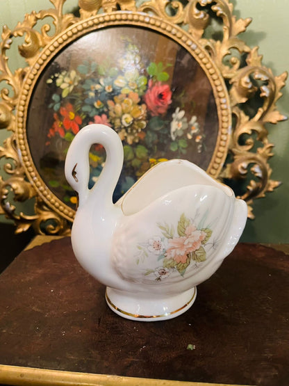 Vintage Porcelain Swan Vase with Floral Design