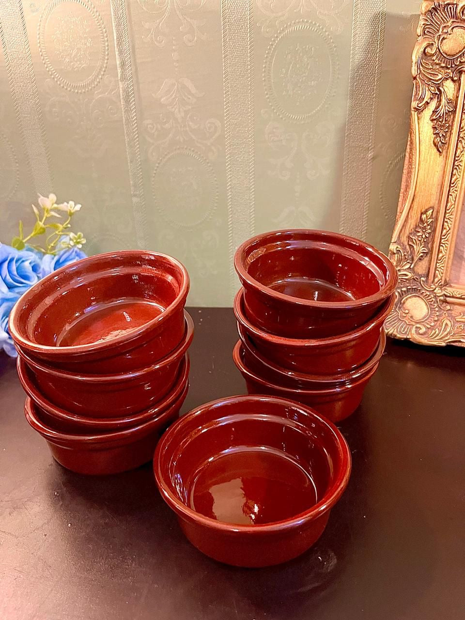 Set of 8 Vintage Brown Ceramic Ramekin Bowls 4 Inch