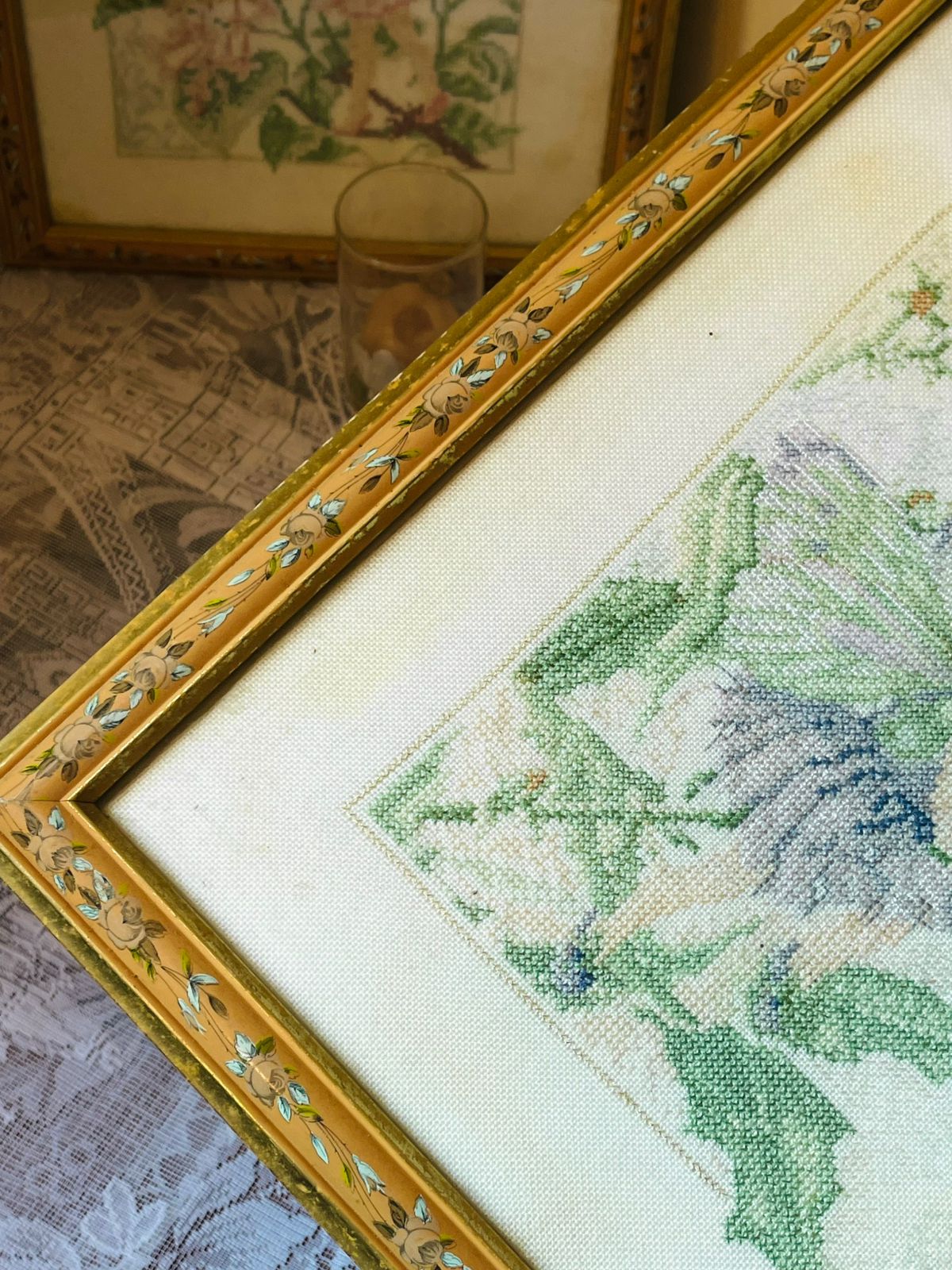 Fairy Cross-Stitch Art – Gold Framed Vintage Embroidery