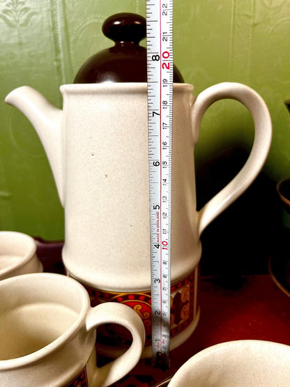 Vintage Stoneware Tea Set | 11 Pieces | Retro Geometric Pattern