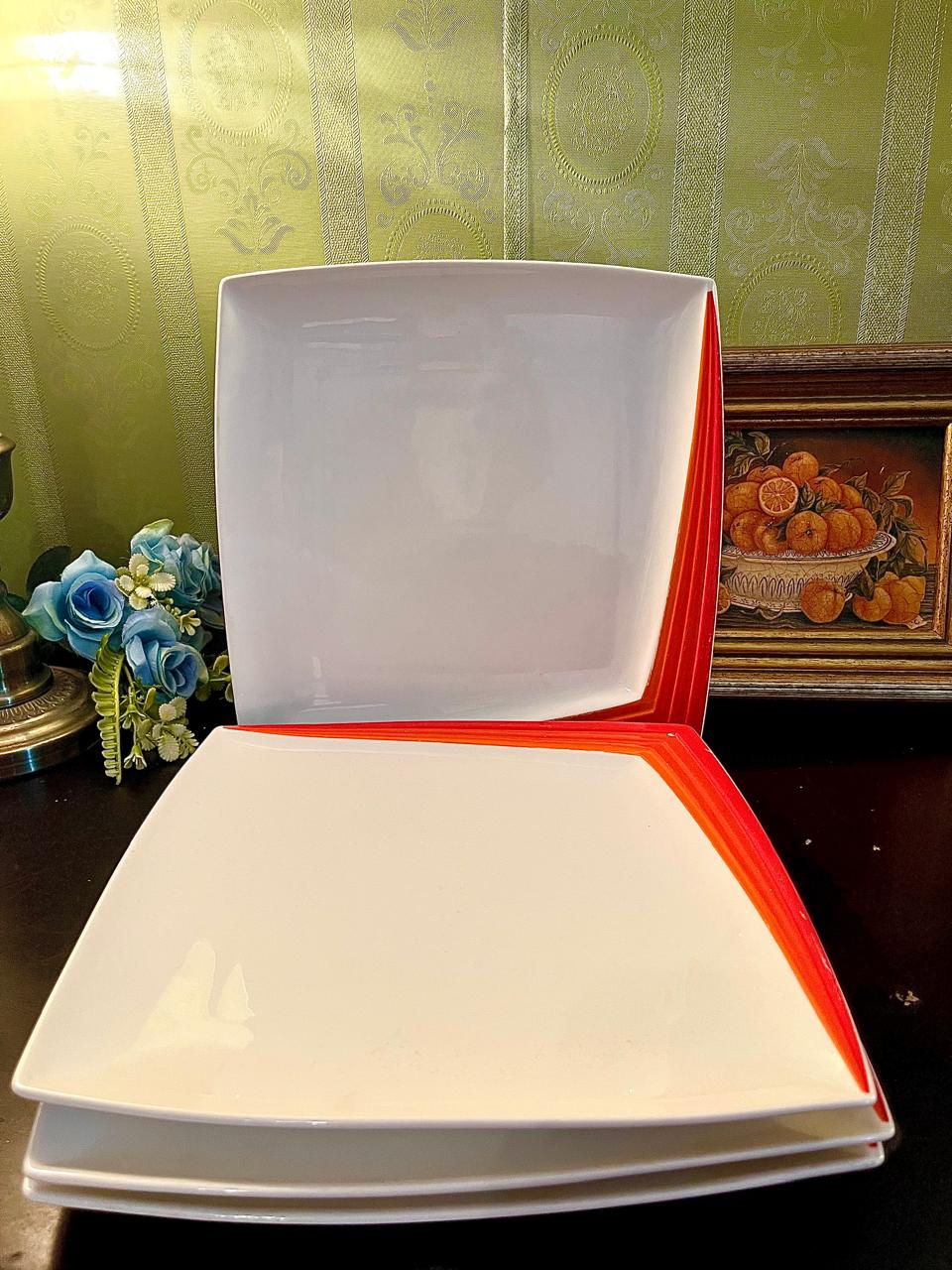 Vintage Red Rim Square Ceramic Serving Plater 25 cm (each)