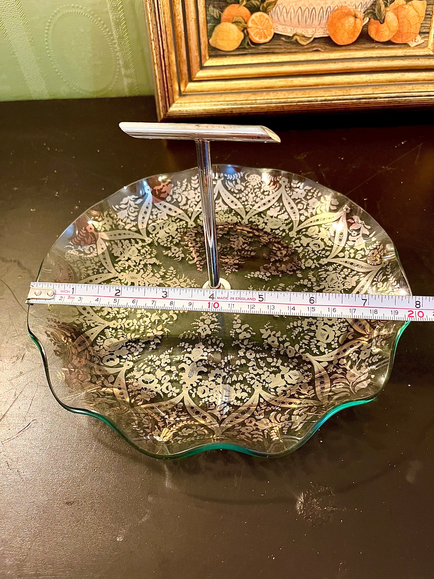 Vintage Silver Floral Glass Serving Tray with Handle – 8 Inch