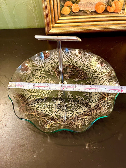 Vintage Silver Floral Glass Serving Tray with Handle – 8 Inch