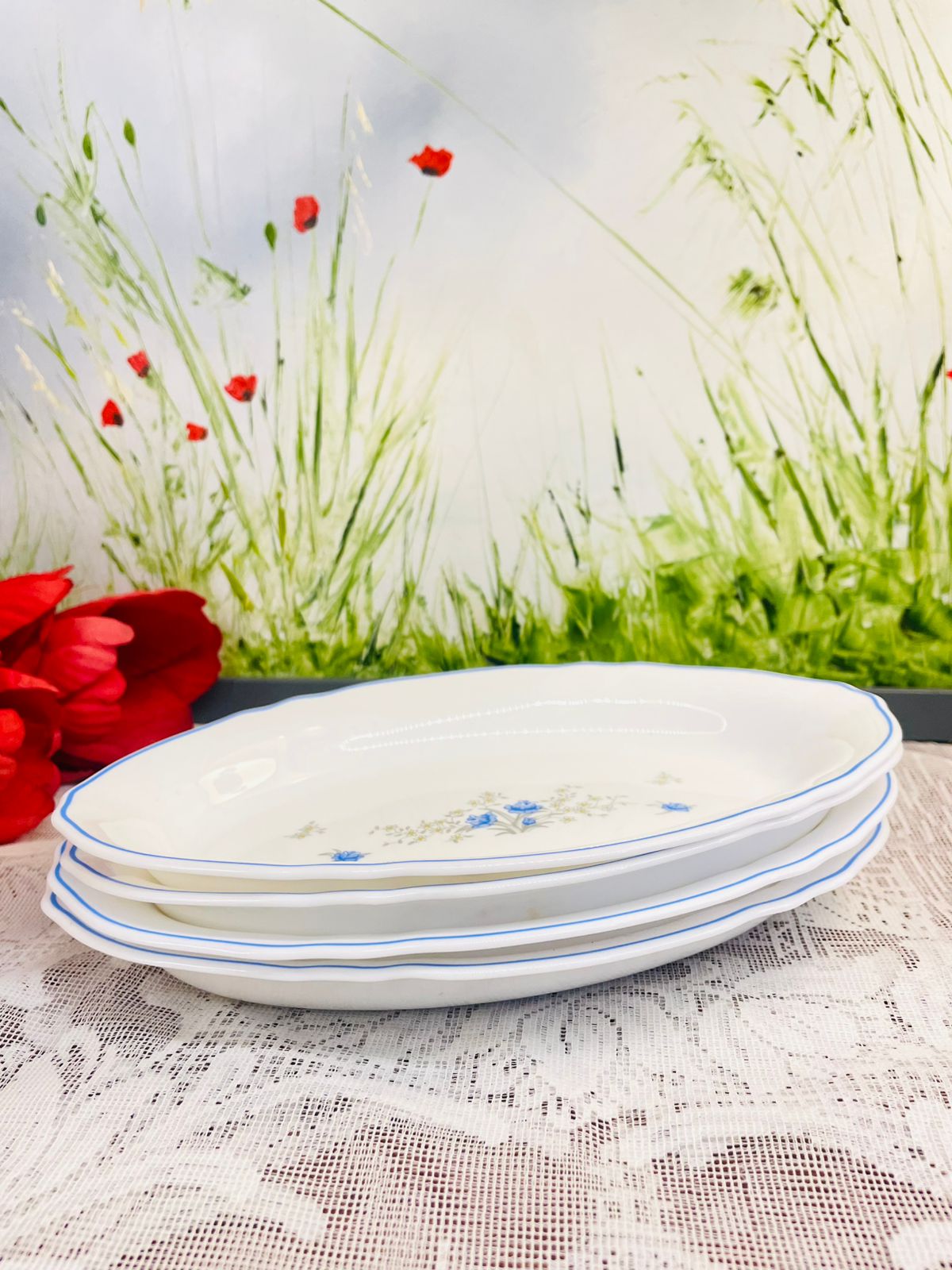 Vintage Oval Porcelain Dish with Blue Floral Detail
