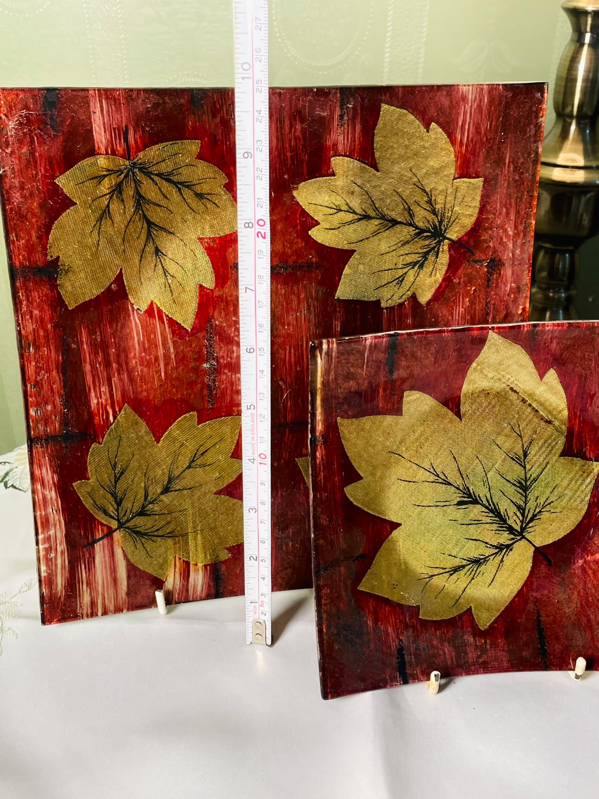 Set of 2 Red & Gold Leaf Glass Serving platter