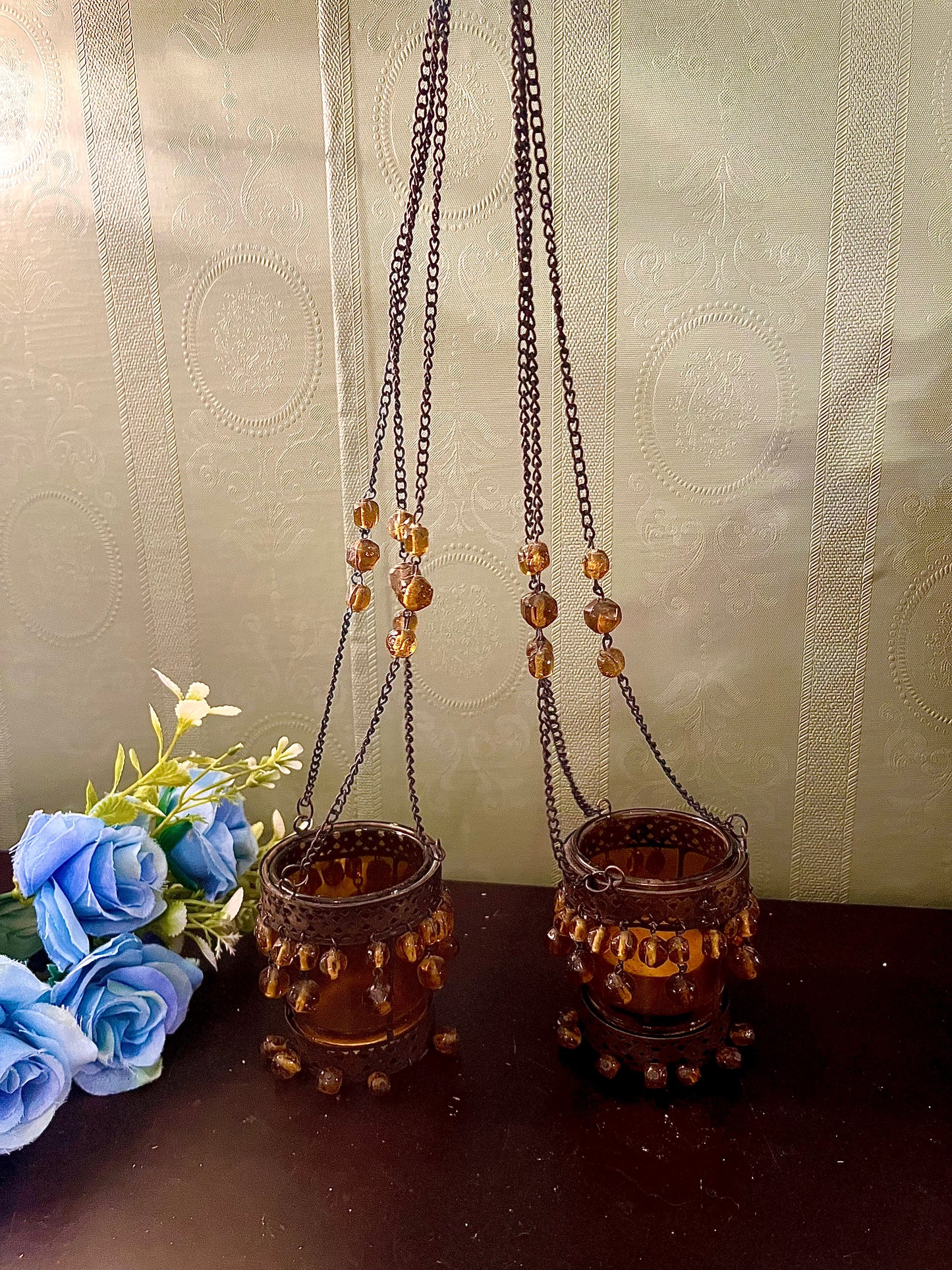 Pair of Amber Glass Hanging Tealight Candle Holders with Beaded Chains