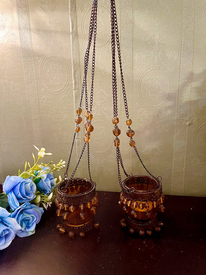 Pair of Amber Glass Hanging Tealight Candle Holders with Beaded Chains