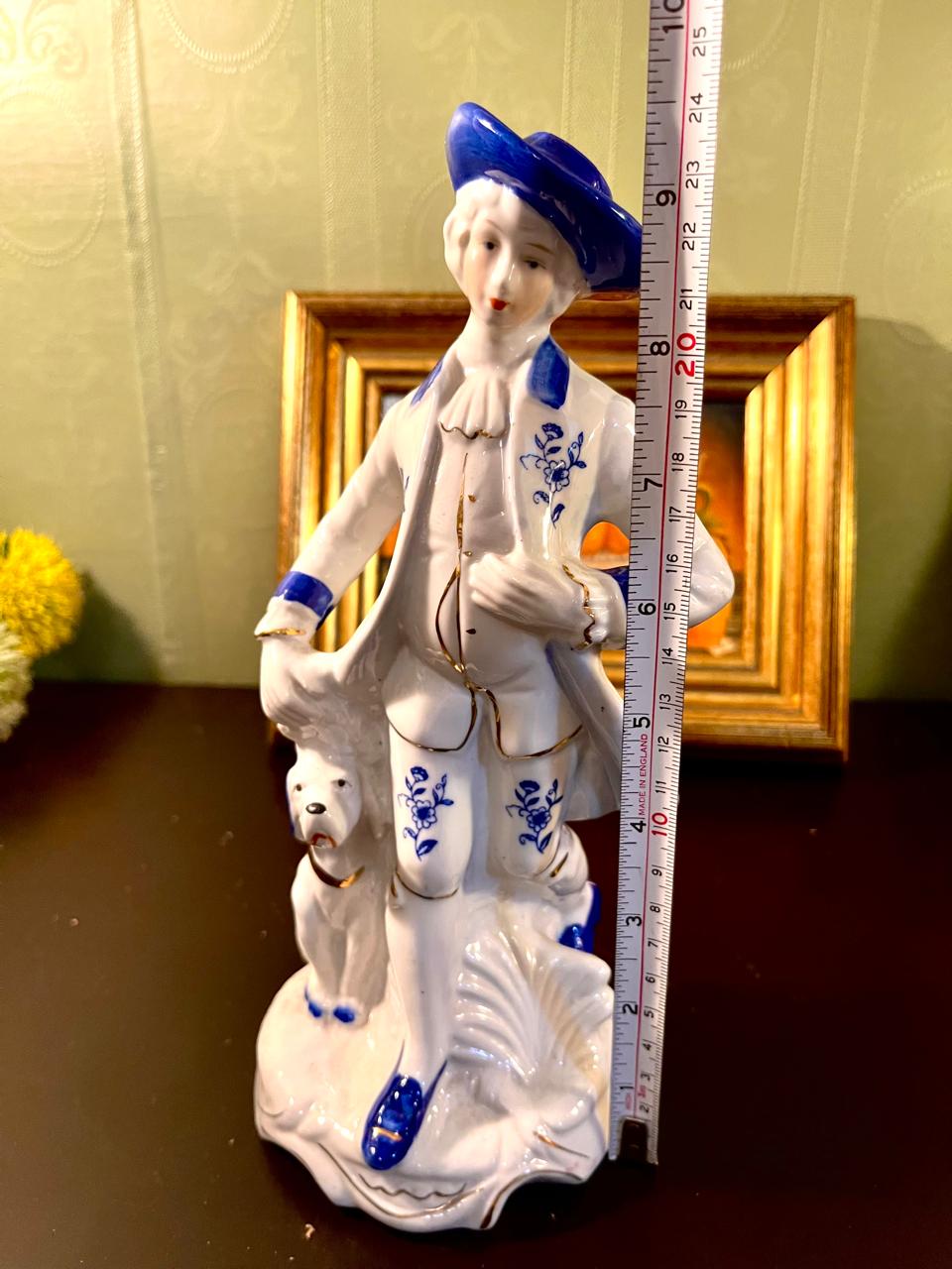 Vintage Blue & White Gentleman with Dog Porcelain Figurine – 10 Inch