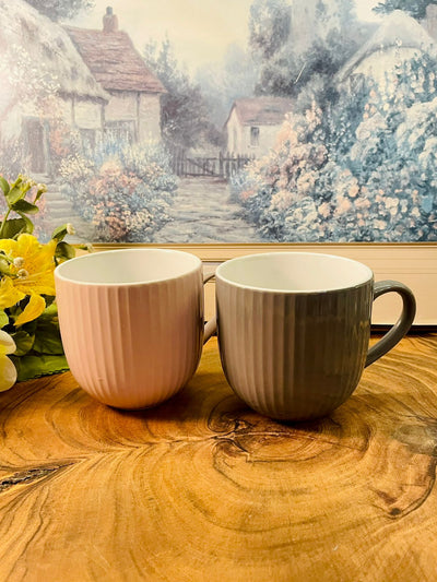 Ribbed Ceramic Mug Pink & Grey Minimal Coffee Cups