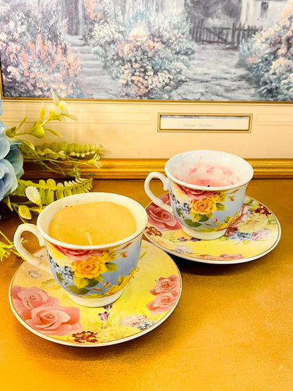 Floral Teacup Candle Set with Saucers Vintage Style
