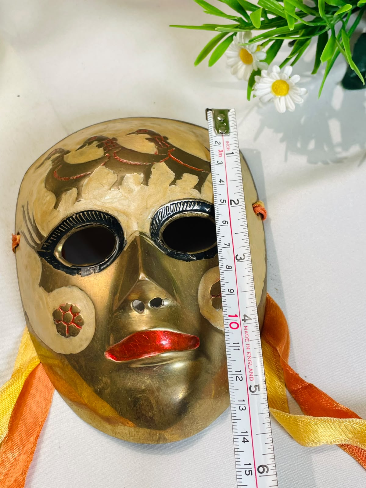 Brass - Tone Decorative Face Mask with Red Accents – 14 cm
